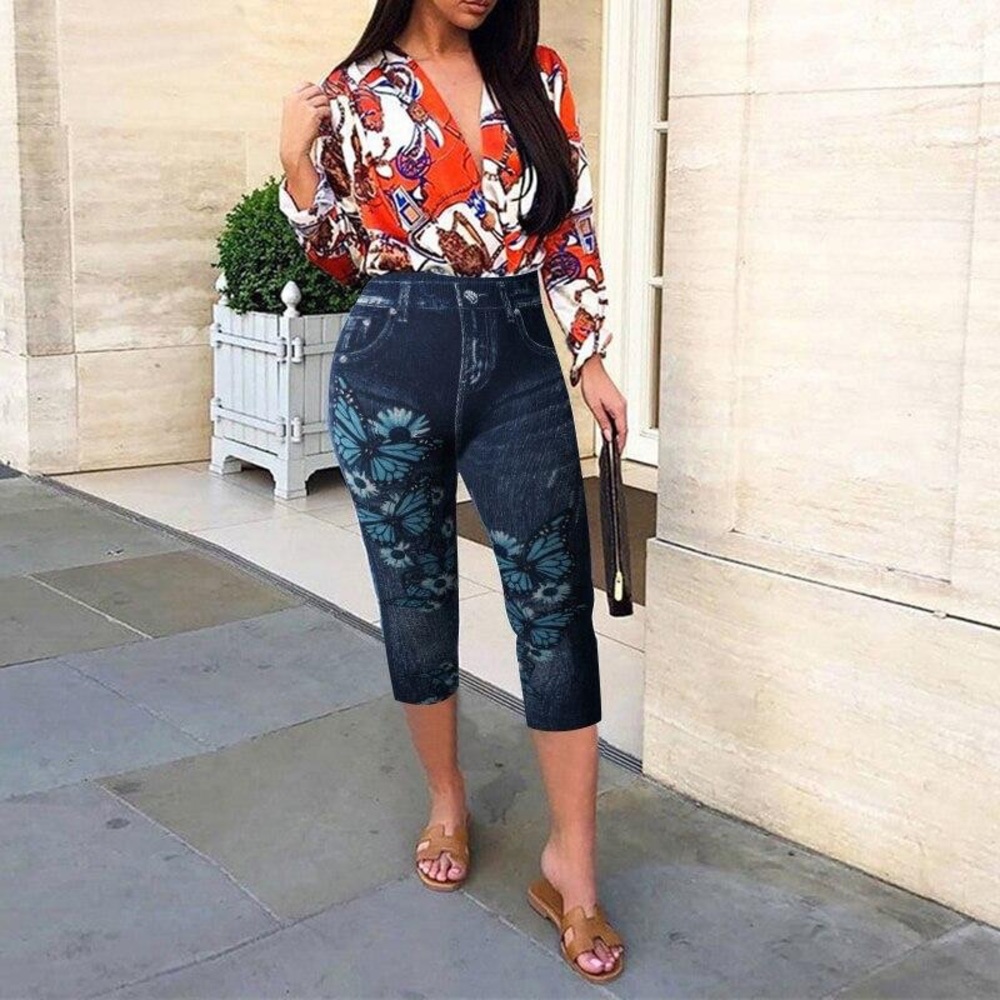Gorgeous High Stretchy Imitation Denim Butterfly Flower Capri comfort Leggings